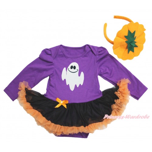 Halloween Dark Purple Long Sleeve Bodysuit Black Orange Pettiskirt & White Ghost Print & Pumpkin Headband JS3900
