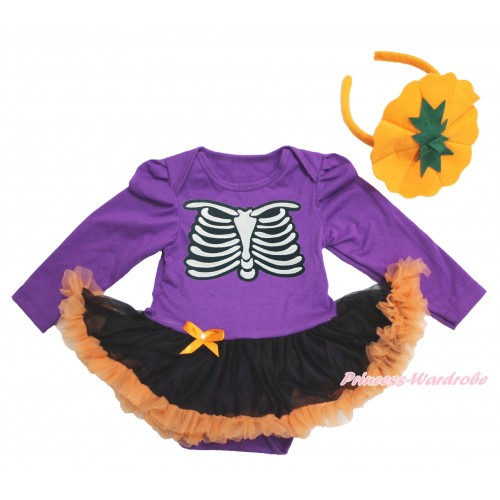 Halloween Dark Purple Long Sleeve Bodysuit Black Orange Pettiskirt & Skeleton Rib & Pumpkin Headband JS3901
