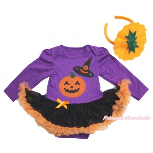 Halloween Dark Purple Long Sleeve Bodysuit Black Orange Pettiskirt & Pumpkin Witch Hat Pumpkin Print & Pumpkin Headband JS3902