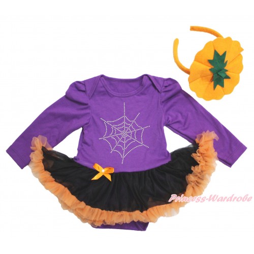Halloween Dark Purple Long Sleeve Bodysuit Black Orange Pettiskirt & Sparkle Rhinestone Spider Web & Pumpkin Headband JS3903