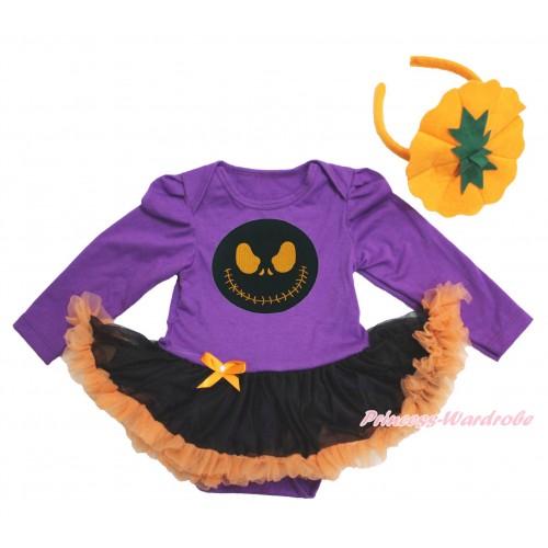 Halloween Dark Purple Long Sleeve Bodysuit Black Orange Pettiskirt & Nightmare Before Christmas Jack & Pumpkin Headband JS3904