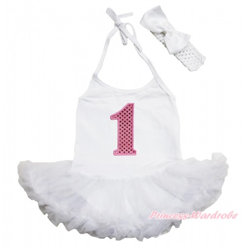 White Baby Halter Jumpsuit Pettiskirt &1st Sparkle Light Pink Birthday Number & White Headband Satin Bow JS3909