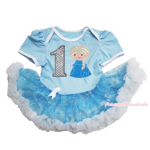 Frozen Light Blue Baby Bodysuit Snowflakes Organza Pettiskirt & 1st Sparkle White Birthday Number Princess Elsa JS3913