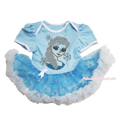 Frozen Light Blue Baby Bodysuit Snowflakes Organza Pettiskirt & Sparkle Rhinestone Princess Elsa JS3914