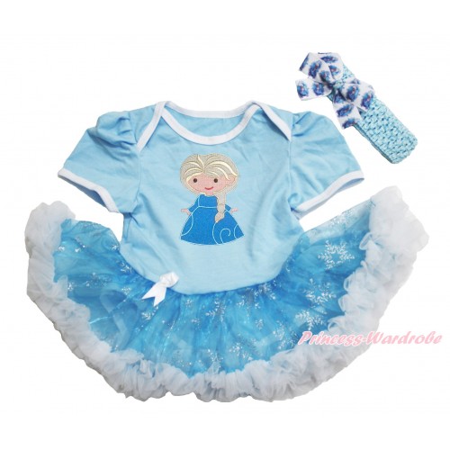 Frozen Light Blue Baby Bodysuit Snowflakes Organza Pettiskirt & Princess Elsa & Light Blue Headband Elsa Silk Bow JS3918