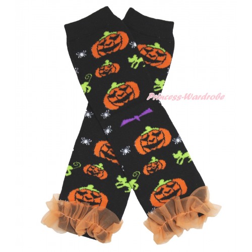 Halloween Newborn Baby Pumpkin Black Leg Warmers Leggings & Orange Ruffles LG275