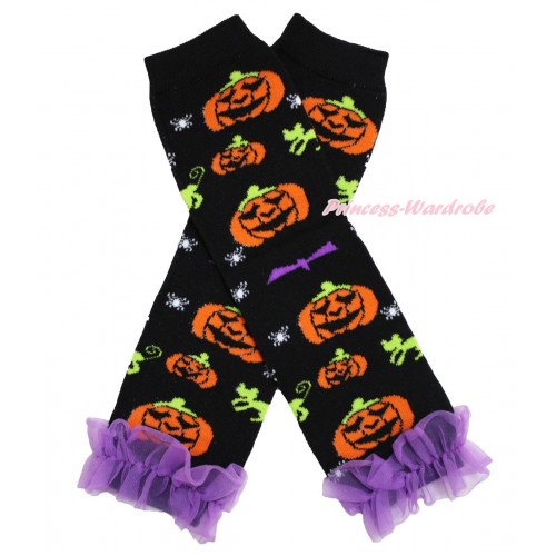 Halloween Newborn Baby Pumpkin Black Leg Warmers Leggings & Dark Purple Ruffles LG277