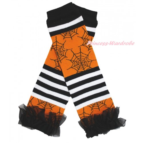 Halloween Newborn Baby Black White Orange Striped Spider Web Leg Warmers Leggings & Black Ruffles LG281