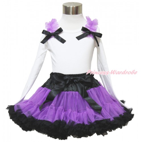 Halloween White Long Sleeve Top Dark Purple Ruffles Black Bow & Black Dark Purple Pettiskirt MW498