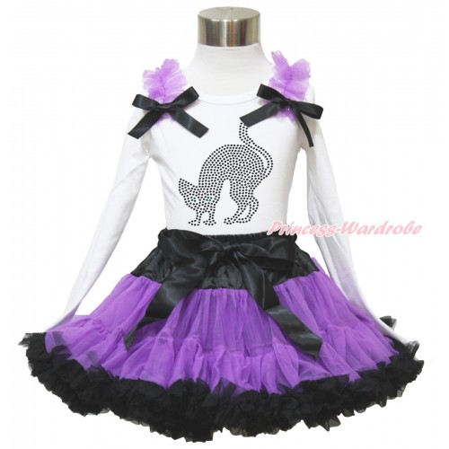 Halloween White Long Sleeve Top Dark Purple Ruffles Black Bow & Sparkle Rhinestone Black Cat & Black Dark Purple Pettiskirt MW500