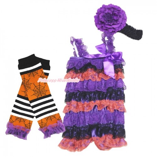 Halloween Dark Purple Black Orange Lace Ruffles Romper & Purple Bow & Straps with Headband & Leg Warmer Set RH159
