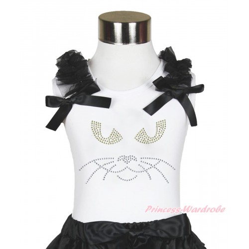 Halloween White Tank Top Black Ruffles & Bow & Sparkle Rhinestone Black Cat Face Print TB884