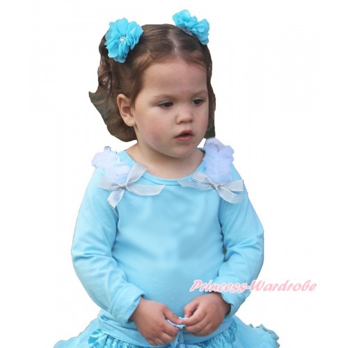 Frozen Light Blue Long Sleeves Top White Ruffles & Sparkle Silver Grey Bow TO364