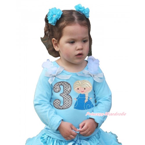 Frozen Light Blue Long Sleeves Top White Ruffles Sparkle Silver Grey Bow & 3rd Sparkle White Birthday Number Princess Elsa Print TO369