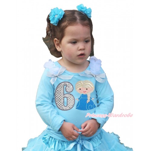 Frozen Light Blue Long Sleeves Top White Ruffles Sparkle Silver Grey Bow & 6th Sparkle White Birthday Number Princess Elsa Print TO372