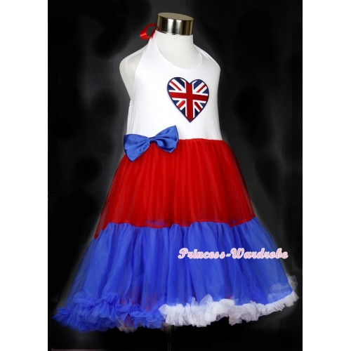 Red White Royal Blue ONE-PIECE Petti Dress with Patriotic British Heart Print With Royal Blue Satin Bow LP23 