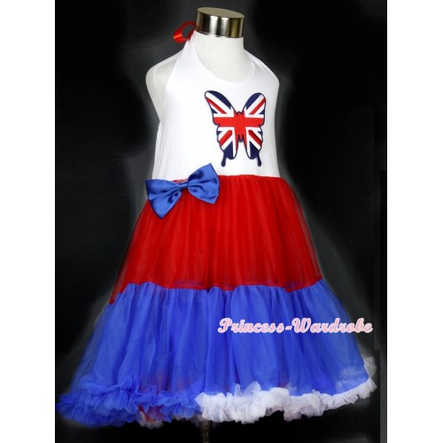 Red White Royal Blue ONE-PIECE Petti Dress with Patriotic British Butterfly Print With Royal Blue Satin Bow LP24 