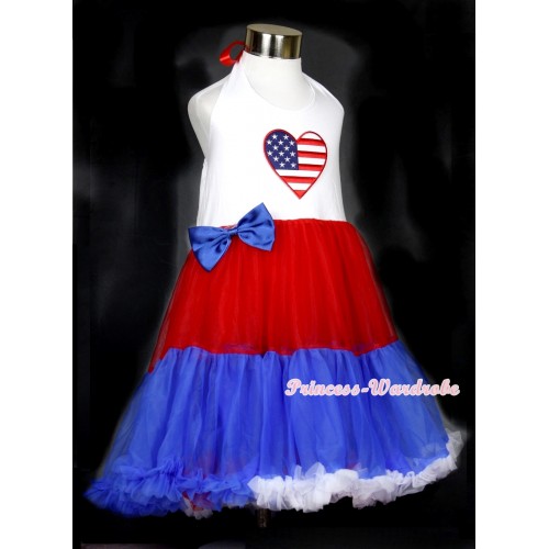 Red White Royal Blue ONE-PIECE Petti Dress with Patriotic American Heart Print With Royal Blue Satin Bow LP25 