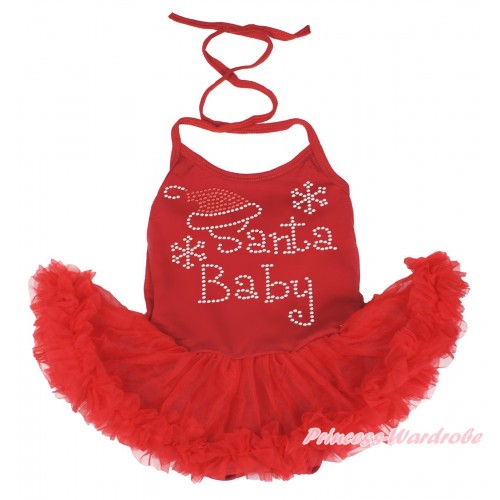 Xmas Hot Red Baby Halter Jumpsuit Pettiskirt & Sparkle Bling Rhinestone Santa Baby JS3991