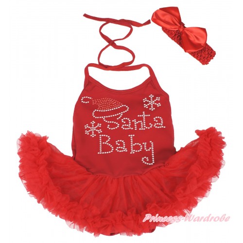 Xmas Hot Red Baby Halter Jumpsuit Pettiskirt & Sparkle Rhinestone Santa Baby & Red Headband Silk Bow JS3993
