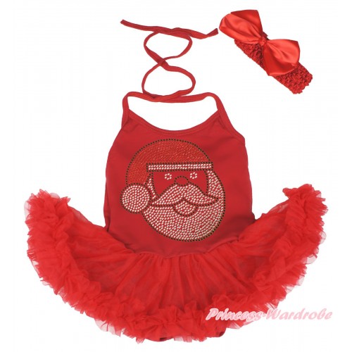 Xmas Hot Red Baby Halter Jumpsuit Pettiskirt & Sparkle Rhinestone Santa Claus & Red Headband Silk Bow JS3994