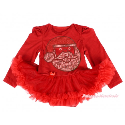 Xmas Red Long Sleeve Baby Bodysuit Pettiskirt & Sparkle Rhinestone Santa Claus Print JS4027