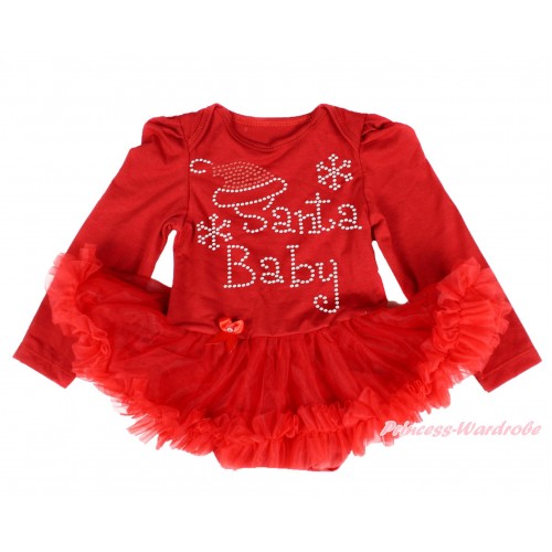 Xmas Red Long Sleeve Baby Bodysuit Pettiskirt & Sparkle Rhinestone Santa Baby Print JS4028