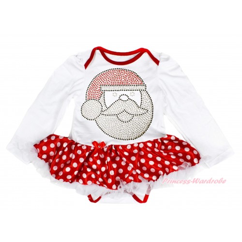 Xmas White Long Sleeve Baby Bodysuit Minnie Dots White Pettiskirt & Sparkle Rhinestone Santa Claus Print JS4029