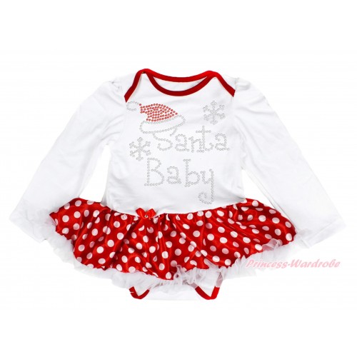 Xmas White Long Sleeve Baby Bodysuit Minnie Dots White Pettiskirt & Sparkle Rhinestone Santa Baby Print JS4030