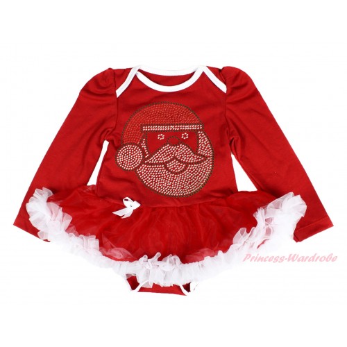 Xmas Red Long Sleeve Baby Bodysuit Red White Pettiskirt & Sparkle Rhinestone Santa Claus Print JS4031