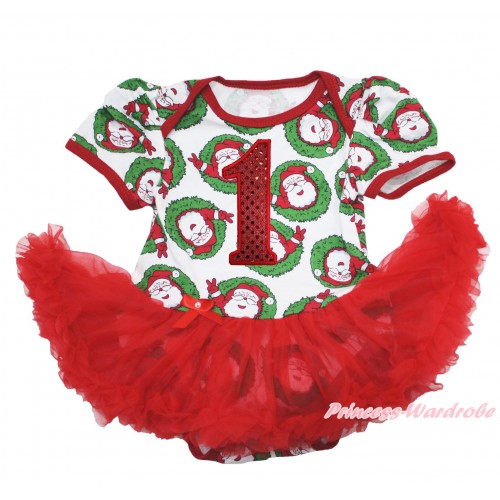 Xmas Santa Claus Baby Bodysuit Red Pettiskirt & 1st Sparkle Red Birthday Number Print JS4040