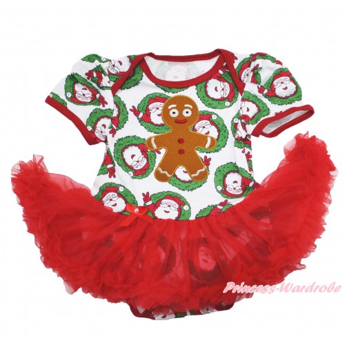 Xmas Santa Claus Baby Bodysuit Red Pettiskirt & Brown Gingerbread Print JS4043