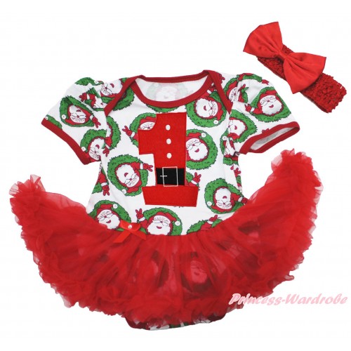Xmas Santa Claus Baby Bodysuit Red Pettiskirt & 1st Santa Claus Birthday Number & Red Headband Satin Bow JS4047