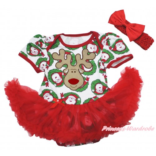 Xmas Santa Claus Baby Bodysuit Red Pettiskirt & Christmas Reindeer & Red Headband Satin Bow JS4048