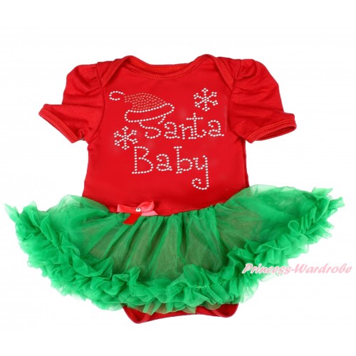 Xmas Red Baby Bodysuit Kelly Green Pettiskirt & Sparkle Rhinestone Santa Baby Print JS4055