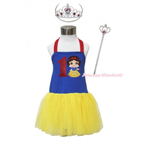 Red Royal Blue Yellow Halter Dress & 1st Sparkle Red Birthday Number & Princess Snow White & Crown Wand Set LP179