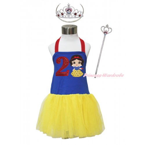 Red Royal Blue Yellow Halter Dress & 2nd Sparkle Red Birthday Number & Princess Snow White & Crown Wand Set LP180