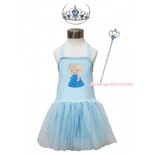 Frozen Light Blue Halter Dress & Princess Elsa & Elsa Heart Crown Wand Set LP186
