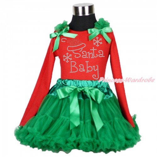 Xmas Red Long Sleeves Top Kelly Green Ruffles & Bow & Sparkle Rhinestone Santa Baby Print  & Kelly Green Pettiskirt MB43