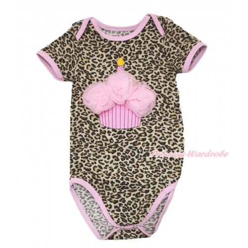 Light Pink Piping Leopard Baby Jumpsuit & Light Pink Rosettes Birthday Cake TH532