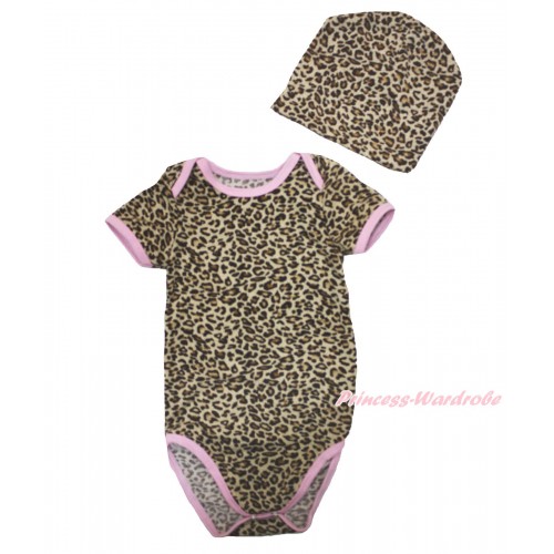Plain Style Light Pink Piping Leopard Baby Jumpsuit & Cap Set TH533