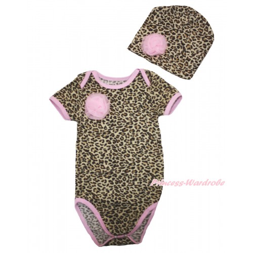 Light Pink Piping Leopard Baby Jumpsuit & One Light Pink Rose & Cap Set TH535