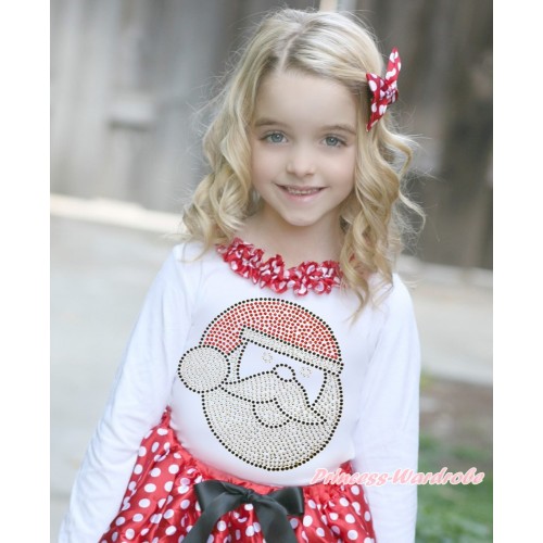 Xmas White Long Sleeves Top Minnie Dots Lacing & Sparkle Rhinestone Santa Claus Print TW503