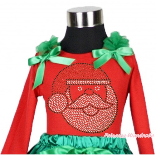 Xmas Red Long Sleeves Top Kelly Green Ruffles & Bow & Sparkle Rhinestone Santa Claus TW504