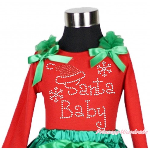 Xmas Red Long Sleeves Top Kelly Green Ruffles & Bow & Sparkle Rhinestone Santa Baby TW505