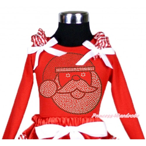 Xmas Red Long Sleeves Top Red White Striped Ruffles White Bow & Sparkle Rhinestone Santa Claus TW506