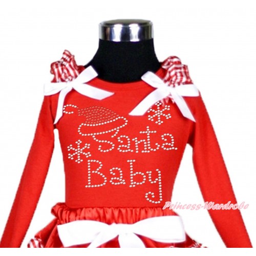Xmas Red Long Sleeves Top Red White Striped Ruffles White Bow & Sparkle Rhinestone Santa Baby TW507