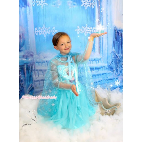 Frozen Elsa Light Blue Long Sleeve Dress With Sparkle Snowflakes Light Blue Organza Cape Costume C002-1