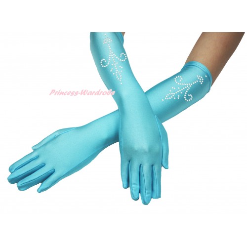 Frozen Princess Elsa Sparkle Bling Rhinestone Embroidery Light Blue Elbow Length Gloves C341