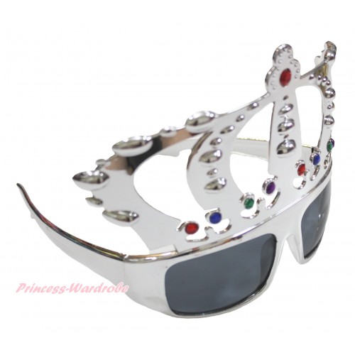 King Silver Grey Sparkle Crystal Crown Glasses Costume C350
